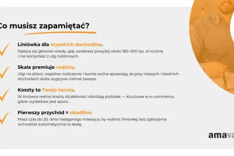 Podatek liniowy: dla wysokich dochodów, gdy koszty są kluczowe. Skala premiuje rodziny. Masz czas do 20. dnia miesiąca na wybór.