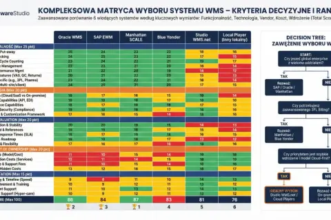 Matryca wyboru systemu wms: porównanie funkcjonalności, technologii, kosztów i wdrożenia. Studio WMS.net z wynikiem 81.