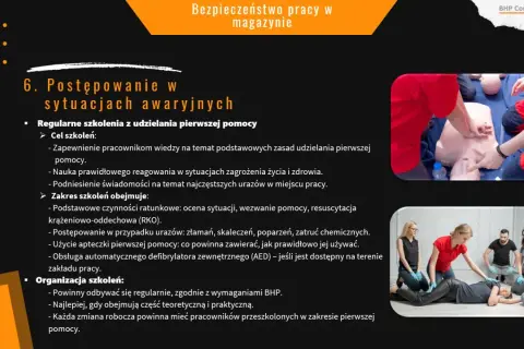 Szkolenie z pierwszej pomocy w magazynie: ćwiczenia RKO na fantomie i nauka obsługi AED. BHP w magazynie to podstawa.
