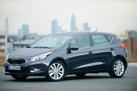 Ciemnoszary Kia Ceed 1.6 CRDi z eleganckimi felgami stoi na tle miejskiej panoramy.