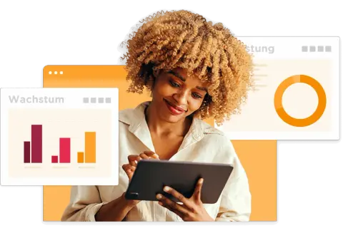 Frau analysiert mit Tablet Daten zu Wachstum und Leistung. Talent analytics im Fokus.