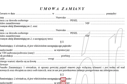 Umowa zamiany samochodu: dokument zawiera dane stron, szczegóły pojazdów i oświadczenia o własności.