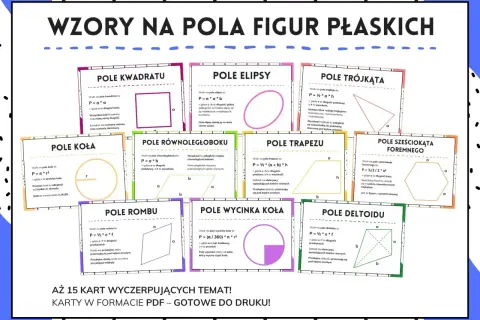 Karta z wzorami na pole deltoidu, gdzie P=½*e*f, a e i f to długości przekątnych.