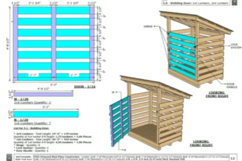 Detaljerad vedbod ritning med mått och materiallista. En ritning för en vedbod som visar konstruktion och delar.