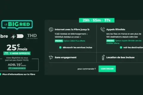 Offre Fibre BIG RED : 25€/mois avec 2 mois offerts. La box incluse propose internet jusqu'à 1Gb/s et appels illimités.
