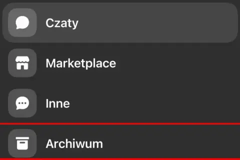 Menu Messengera: Czaty, Marketplace, Inne, Archiwum. Tu znajdziesz sposób, jak przywrócić czaty na Messengerze.