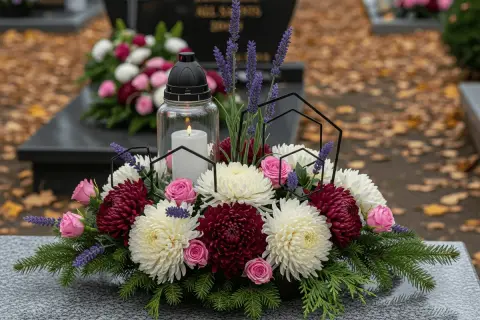 Kompozycje z żywych kwiatów na Wszystkich Świętych: bukiet z białych i bordowych chryzantem, róż, lawendy i świecy.