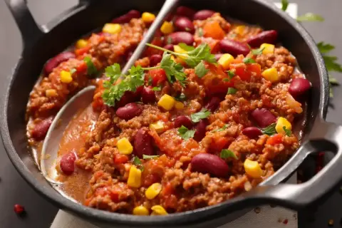 Gęste, aromatyczne chili con carne z fasolą i kukurydzą, podane w żeliwnej patelni, ozdobione natką pietruszki.