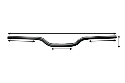Manillar negro de moto con flechas indicando dimensiones. Se aprecian partes del manillar y sus medidas.