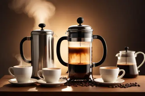 En fransk press kaffe med ånga som stiger från en kaffebryggare och koppar. Kaffebönor sprids ut på bordet.