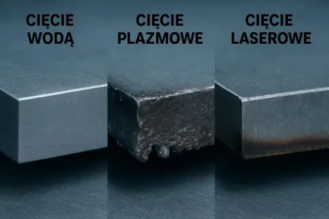 Porównanie efektów cięcia: gładka krawędź po cięciu wodą, szorstka po plazmowym i lekko przypalona po laserowym.