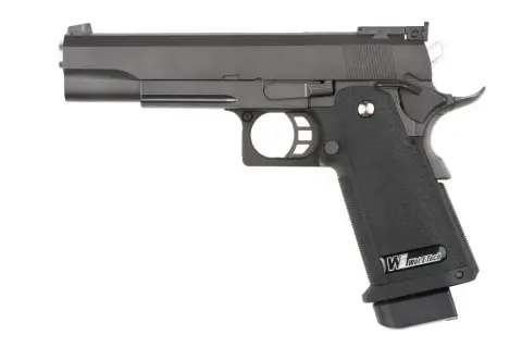 Pistola de airsoft negra, modelo Hi-Capa, con empuñadura texturizada y el logo "Wei-E-Tech". Lista para la acción en tu próxima partida de rhop airsoft.