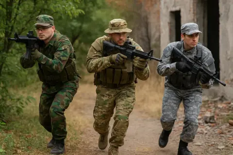 Tres hombres con equipo airsoft, camuflaje y rifles avanzan cautelosamente en un entorno boscoso cerca de una estructura en ruinas.