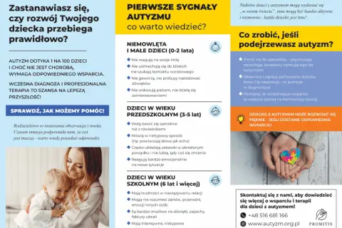 Uśmiechnięta matka z dzieckiem, symbol puzzli w dłoniach.