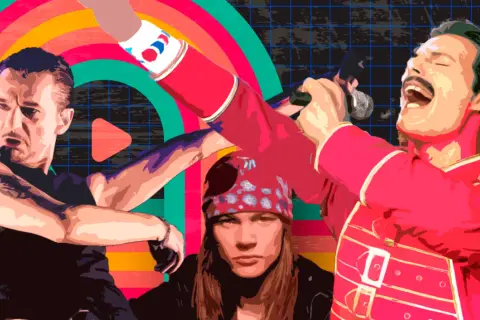Ikonen der Rockbands der 80er: Freddie Mercury, Axl Rose und ein weiterer Musiker in dynamischer Pose vor einem bunten Retro-Hintergrund.