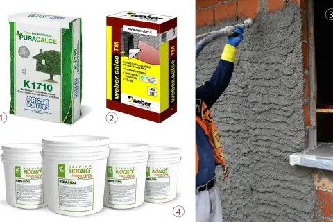 Immagini mostrano prodotti per intonacare e rasare, evidenziando la differenza tra intonaco e rasatura. Lavori in corso con applicazione di intonaco.