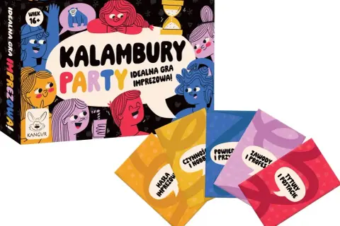 Gra "Kalambury Party" z hasłami dla dorosłych. Kolorowe karty z kategoriami: Czynności i hobby, Powiedz i przyznaj, Zawody i profesje, Tytuły i postacie. Idealna na imprezy!