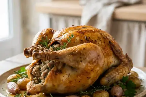 Pintade au four dorée et farcie, garnie d'herbes fraîches et accompagnée de pommes de terre rôties et d'échalotes.