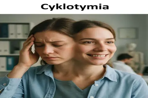 Twarz kobiety podzielona na dwie połowy: smutną i uśmiechniętą, symbolizującą cyklotymię.