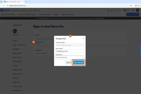 Okno dialogowe "Zmień e-mail" z polami na obecny i nowy adres e-mail oraz hasło.