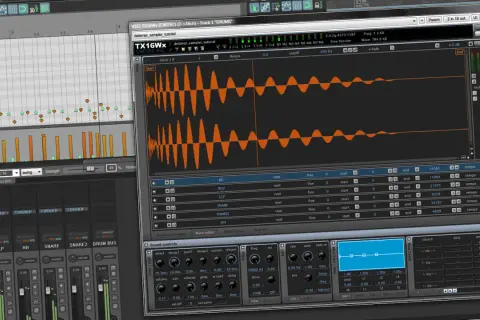 Digitales beat programm zeigt Wellenformen und Mixer-Einstellungen.