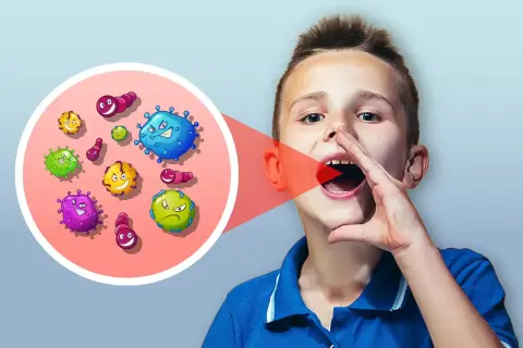Bambino con bocca aperta, da cui escono germi colorati. Un cerchio mostra la **disbiosi orale**, un disequilibrio di batteri.