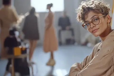Junge Frau mit Brille lehnt an Wand, im Hintergrund Models bei einem Modemanagement-Event in Berlin.