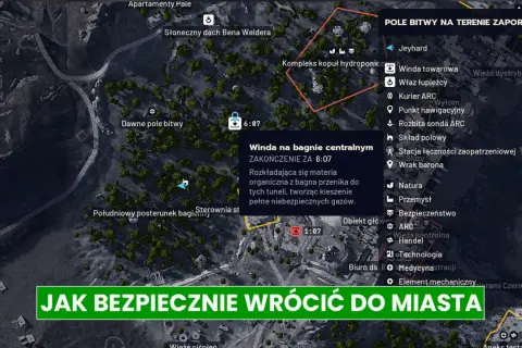 Mapa z gry Arc Raiders z zaznaczonymi celami i wskazówkami, jak bezpiecznie wrócić do miasta.