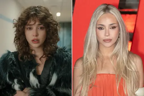 Ana Mena con pelo rizado y abrigo de pelo, y Ana Mena con pelo liso y vestido naranja.