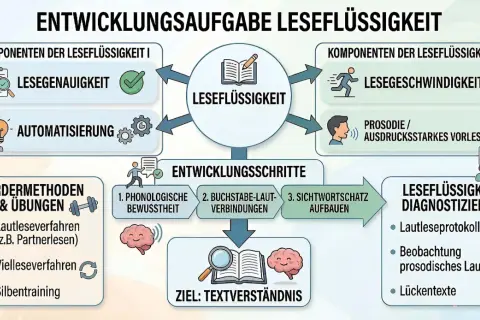 Das Schaubild zeigt, wie Leseflüssigkeit entwickelt wird. Laut lesen vorteile sind hierbei zentral, von Genauigkeit bis Ausdruck.