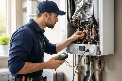 Técnico revisa caldera. Conoce el revisión obligatoria caldera precio y mantén tu hogar seguro.