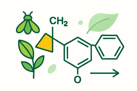 Ilustracja przedstawia wzór chemiczny, liście, owada i strzałkę, symbolizując naturalne pyretroidy środki ochrony roślin.