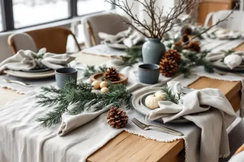 Une table dressée dans un esprit deco table nature chic, avec des pommes de pin, des branches de sapin et de petites citrouilles blanches.