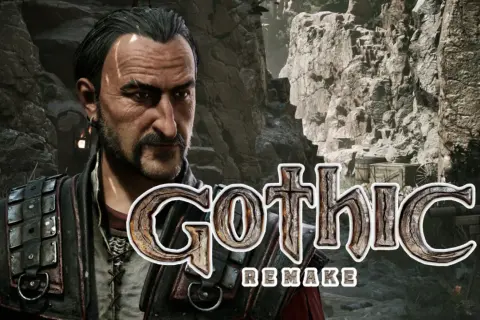 Postać z gry **Gothic** Remake, w tle skaliste tereny i drewniane beczki.