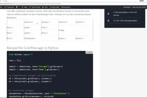 Exemple de **grid python** avec Tkinter : un tableau montre des labels, entrées et boutons. Le code Python illustre leur placement.