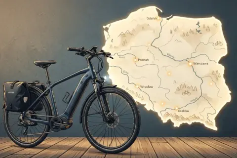 Czy rower elektryczny jest pojazdem mechanicznym? Ten rower z sakwami obok mapy Polski sugeruje podróż.
