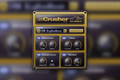 Camel Crusher audio plugin interface with knobs for distortion, filter, compressor, and master. The "DRM BigBadBeat" patch is selected.