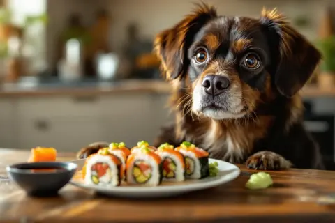 Zastanawiasz się, czy pies może jeść sushi? Ten słodki piesek z zaciekawieniem patrzy na talerz pełen sushi, jakby sam sobie zadawał to pytanie.
