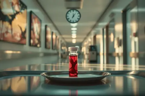 Szklana fiolka z czerwoną próbką na tacy w szpitalnym korytarzu. Zegar na ścianie sugeruje, ile się czeka na badania krwi.