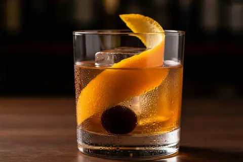 En old fashioned-drink med is, apelsinskal och körsbär.