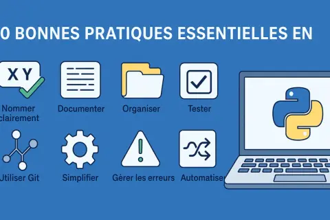 Icônes illustrant les bonnes pratiques de développement en Python, comme nommer clairement, documenter, organiser, tester, utiliser Git, simplifier, gérer les erreurs et automatiser. Le logo Python apparaît sur un ordinateur portable.
