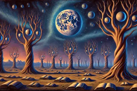 Surrealistyczne co to? Drzewa z planetami zamiast liści, księżyc i otwarte księgi na pustkowiu.