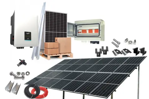 Kompletna instalacja fotowoltaiczna 5 kW z montażem: panele, inwerter, skrzynka z zabezpieczeniami, kable i akcesoria montażowe.