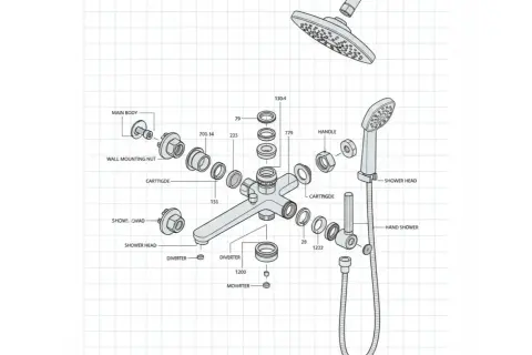 Schéma technique d'un mitigeur de douche, montrant les pièces pour le changer. On y voit le corps principal, la cartouche, la poignée et les douches.