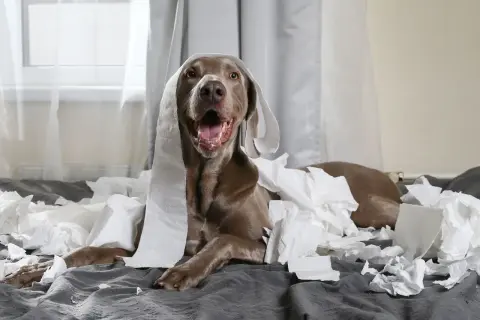 En hund med toalettpapper runt huvudet ligger på en säng omgiven av pappersrester. Stackars hund dålig i magen, eller bara busig?