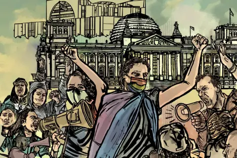 Menschen mit erhobenen Fäusten und Megafonen protestieren vor einem Gebäude. Eine Person trägt eine Maske mit Regenbogenfarben, ein Zeichen für die woke Bewegung.