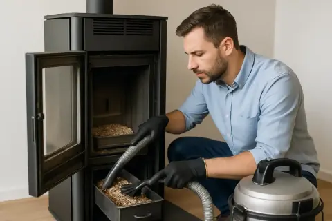Mann mit Handschuhen reinigt Pelletofen mit Staubsauger. So gelingt die Pelletofen Wartung selber machen.