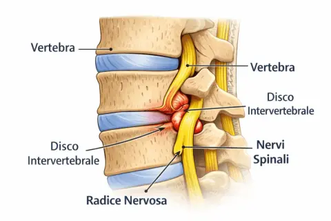 Compressione di una radice nervosa da ernia discale, causa comune di sintomi sciatica gamba destra.