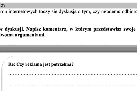 Zadanie o typach argumentów: dyskusja o potrzebie reklamy dla młodego odbiorcy. Napisz komentarz, przedstawiając stanowisko i dwa argumenty.