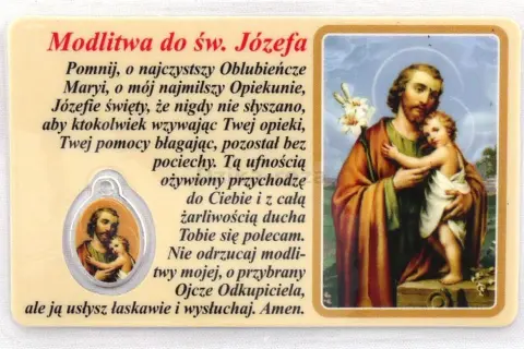 Modlitwa do św. Józefa z wizerunkiem świętego tulącego Dzieciątko Jezus.